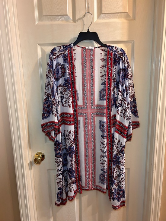 Maurices Tops - Maurices White Red and Blue Printed Kimono Tunic